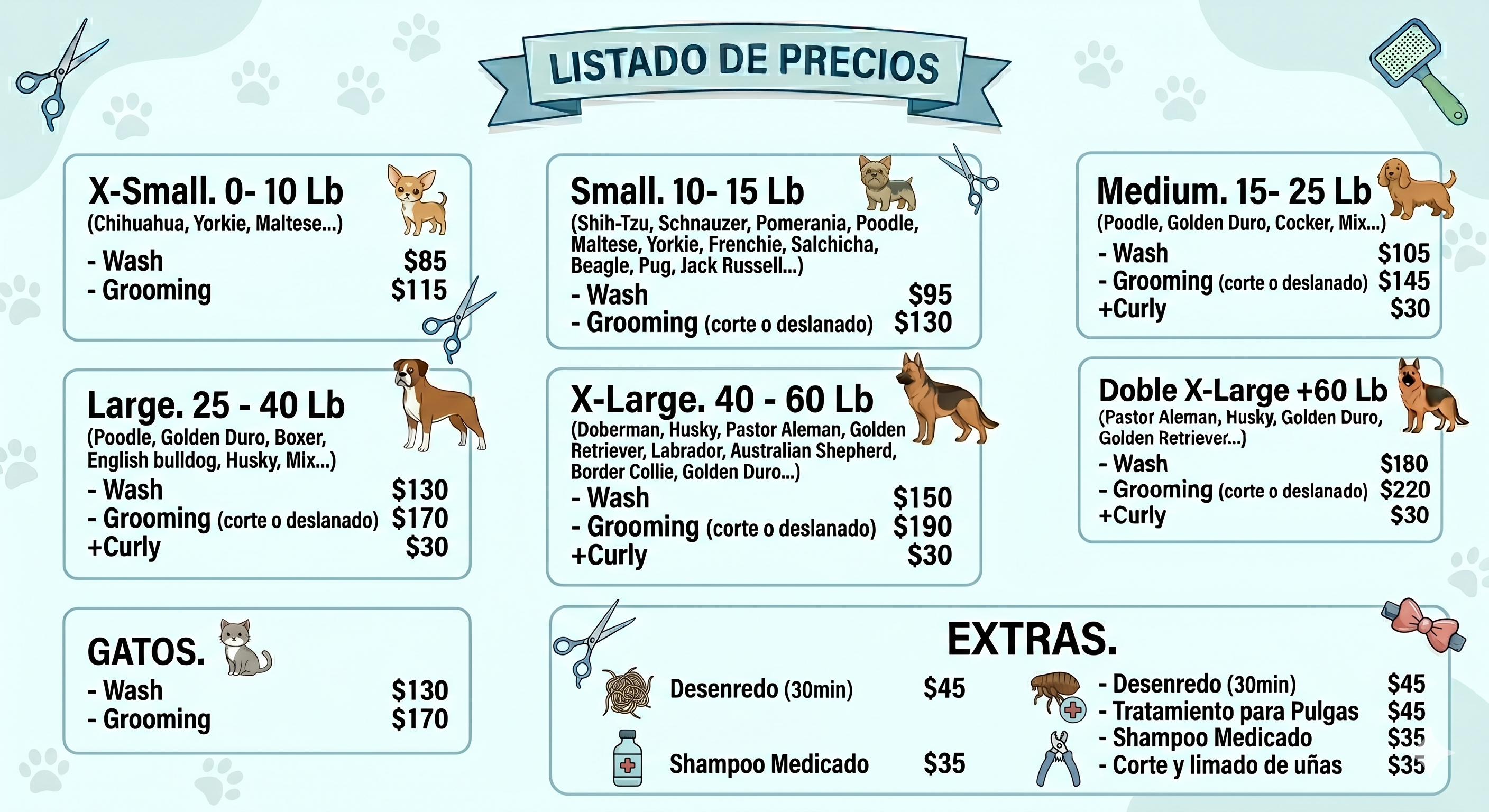Listado completo de precios de Relax Pet Mobile Spa Grooming — Español